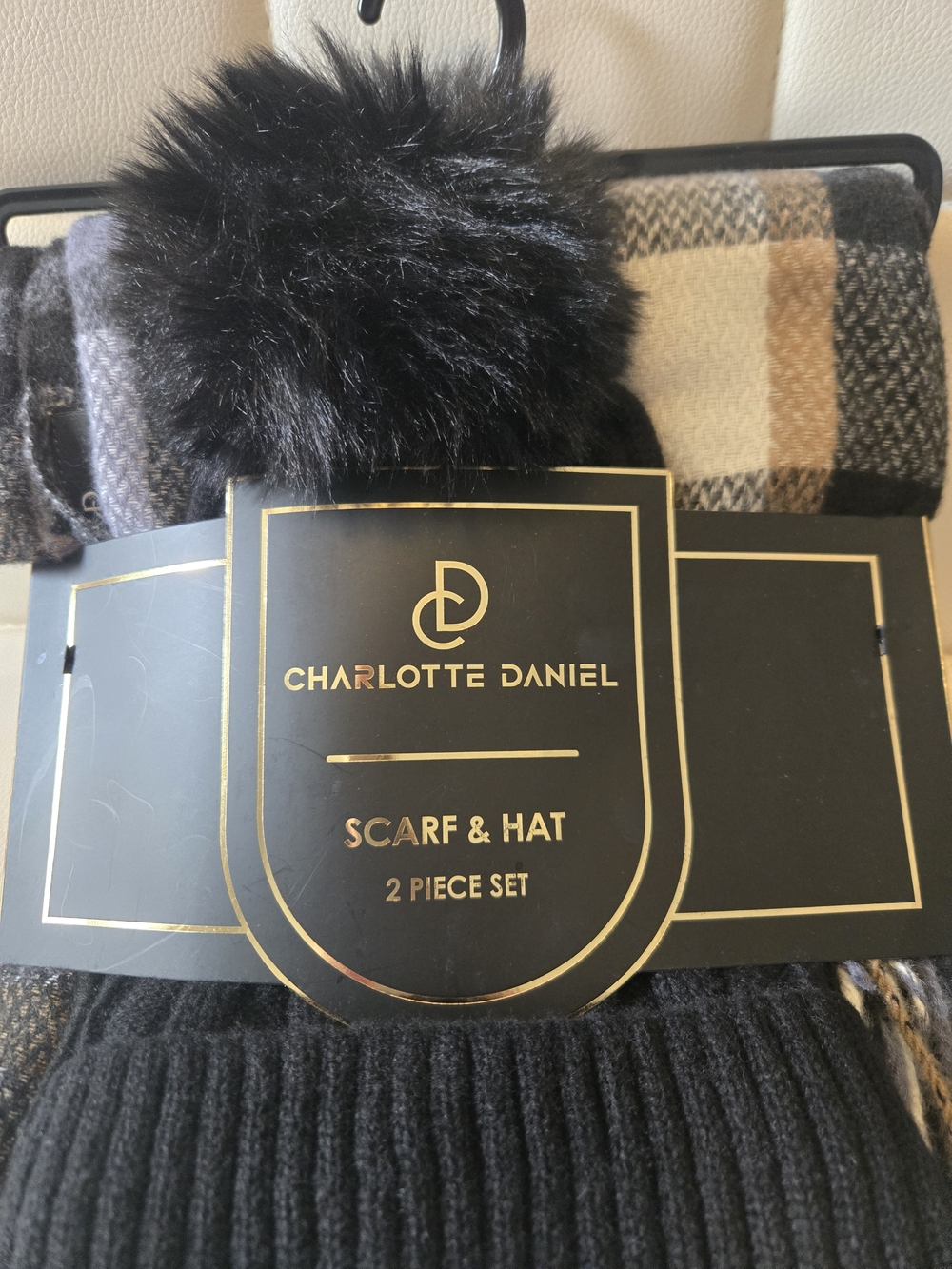 Charlotte Daniel Women's Black Scarf & Faux Fur Pom Hat Set